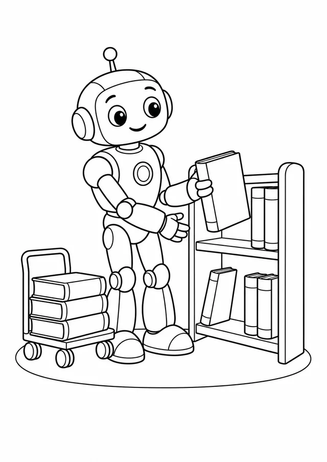 Robô organizando livros na biblioteca para colorir