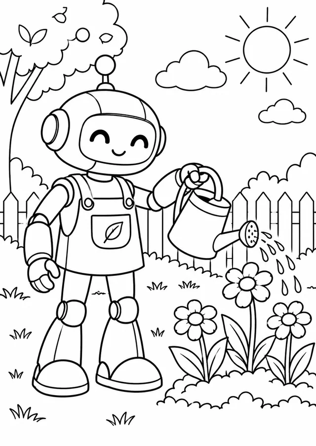 Robô original de jardinagem com regador para colorir