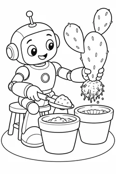 Robô transplantando um cacto para colorir
