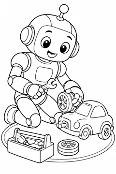 Robô trocando a roda de um carrinho de brinquedo para colorir