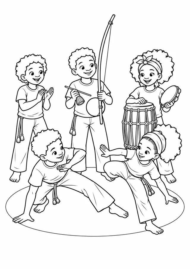 Roda de capoeira com crianças para colorir