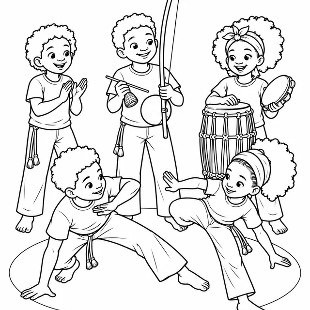 Roda de capoeira com crianças para colorir
