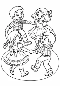 Roda de quadrilha com quatro crianças para colorir