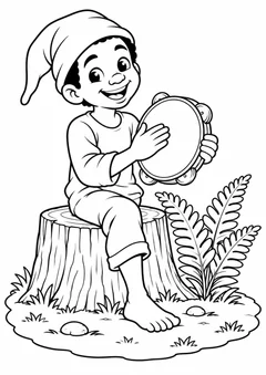 Saci tocando pandeiro no tronco para colorir