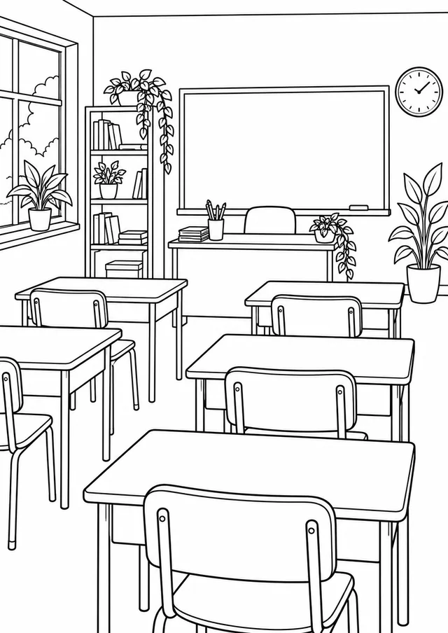 Sala de aula com carteiras e plantas para colorir