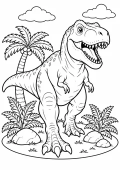 Tiranossauro com palmeira e samambaias para colorir
