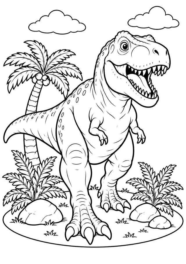 Tiranossauro com palmeira e samambaias para colorir