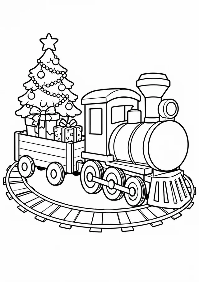 Trenzinho com árvore e presentes para colorir