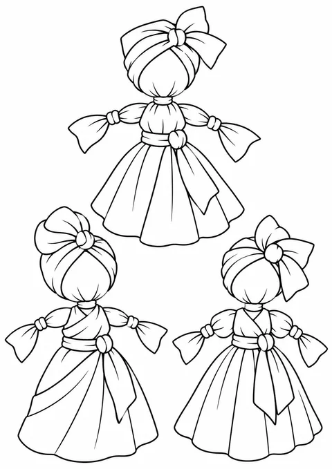 Três Abayomis com vestidos diferentes para colorir
