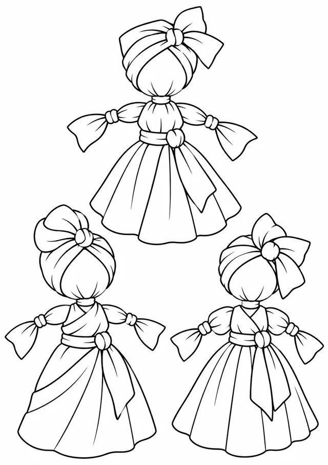 Três Abayomis com vestidos diferentes para colorir