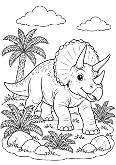 Tricerátopo com palmeira e pedras para colorir