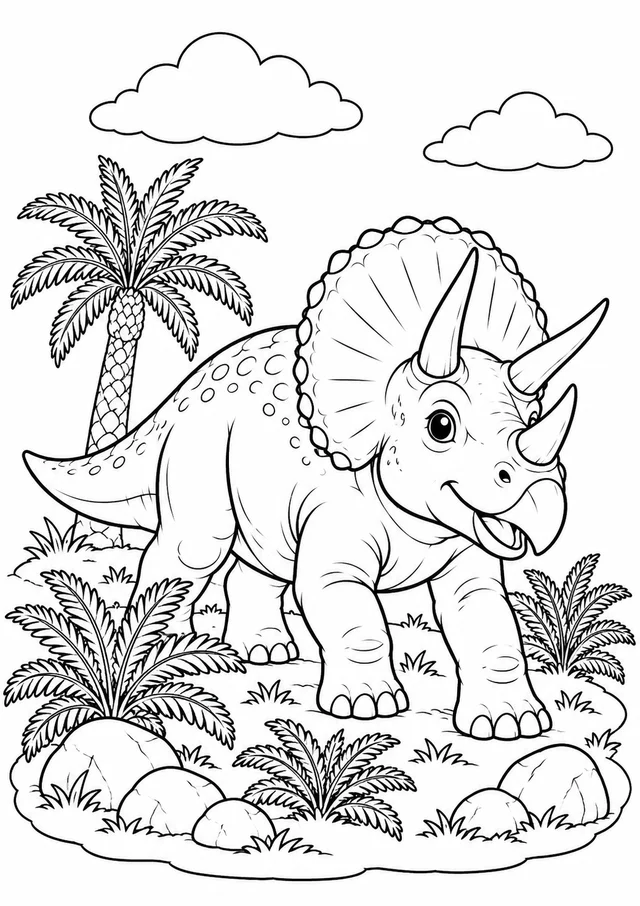 Tricerátopo com palmeira e pedras para colorir