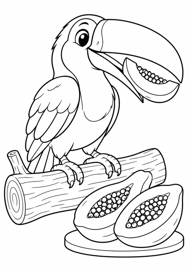 Tucano colhendo mamão no galho para colorir