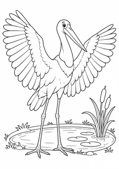 Tuiuiú com asas abertas na lagoa para colorir