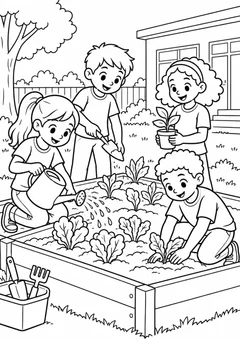 Turma cuidando da horta escolar para colorir