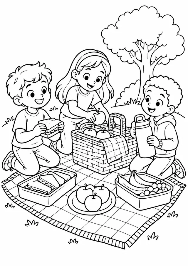 Turma preparando um piquenique de encerramento para colorir