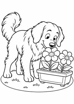 Um cachorro junto a uma jardineira florida para colorir