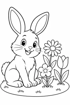 Um coelho ao lado de flores campestres para colorir