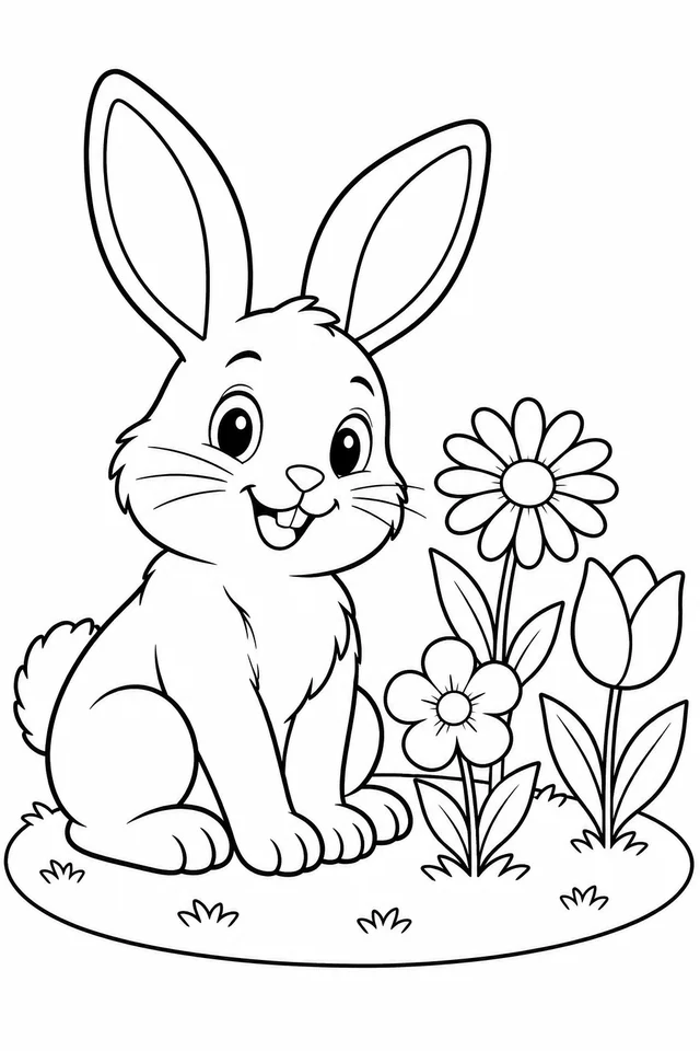 Um coelho ao lado de flores campestres para colorir