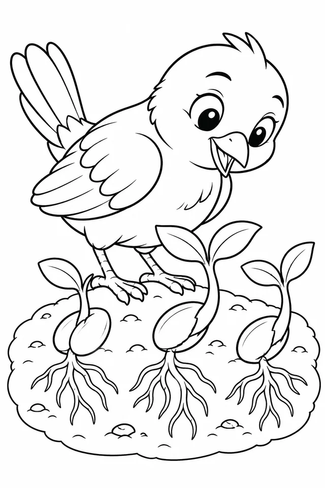 Um passarinho encontrando sementes germinadas para colorir