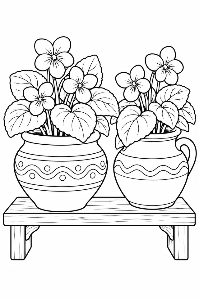 Vasos de argila com violetas para colorir