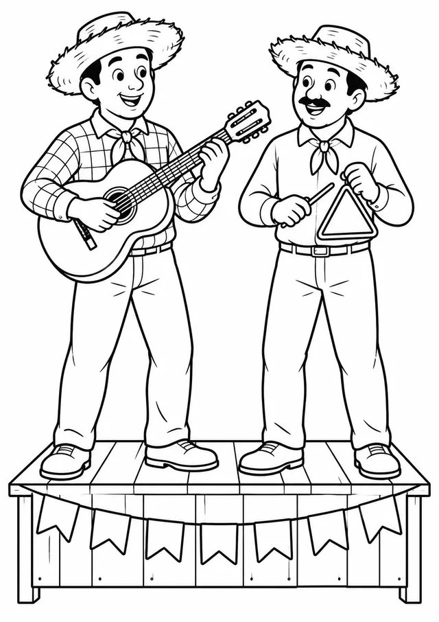 Violeiro e triângulo na festa junina para colorir