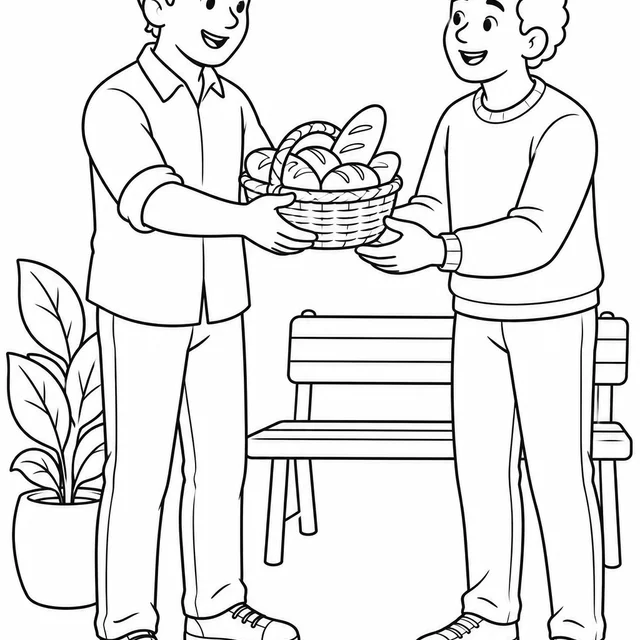 Amigos compartilhando uma cesta de pães para colorir